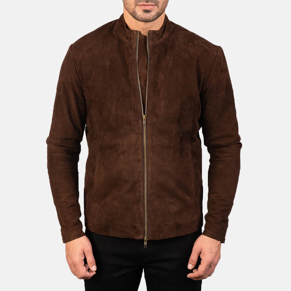 Lush Gear charcoal suede biker jacket with zip front and sleek design on male model