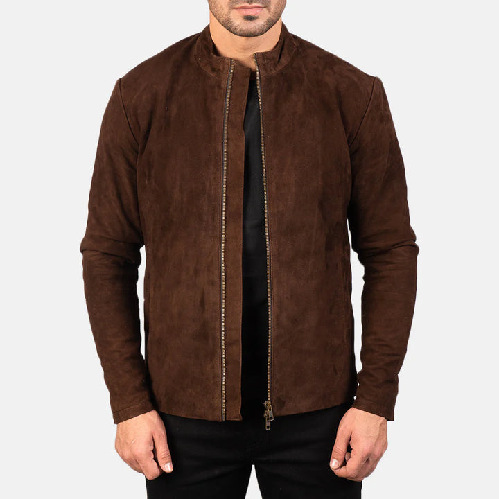 Lush Gear charcoal suede biker jacket with front zipper and stand collar on male model