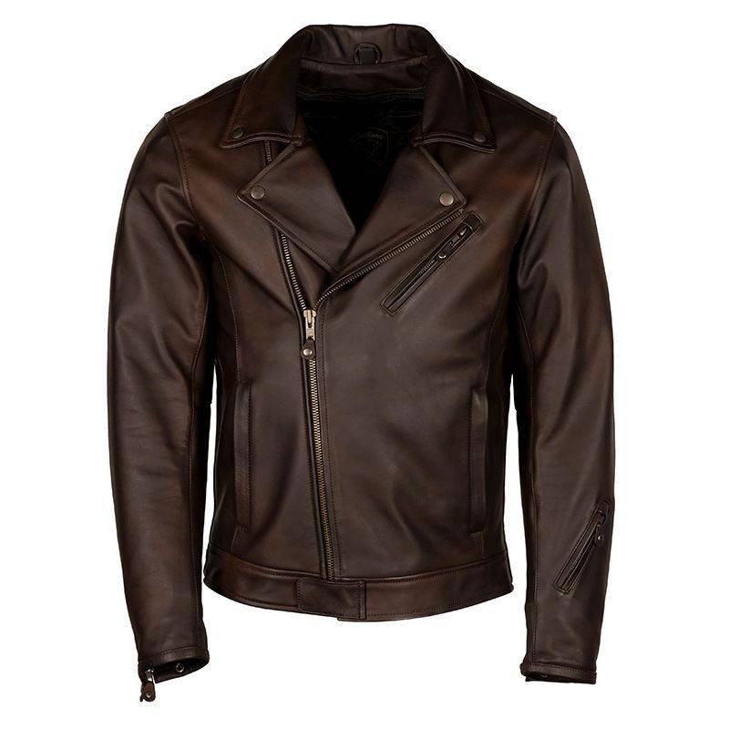 Lush Gear classic leather moto jacket in dark brown with zippered pockets and asymmetrical front zipper