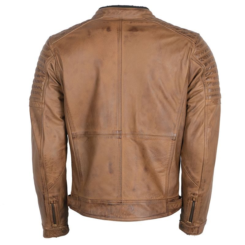 Back view of vintage biker leather jacket in distressed brown by Lush Gear with quilted shoulder detailing