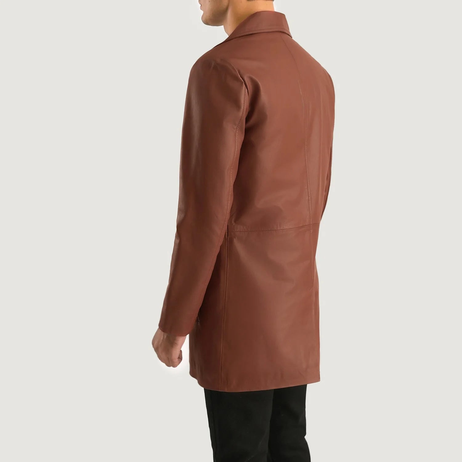 Back view of a man wearing Classmith Brown Leather Coat by Lush Gear with a sleek design