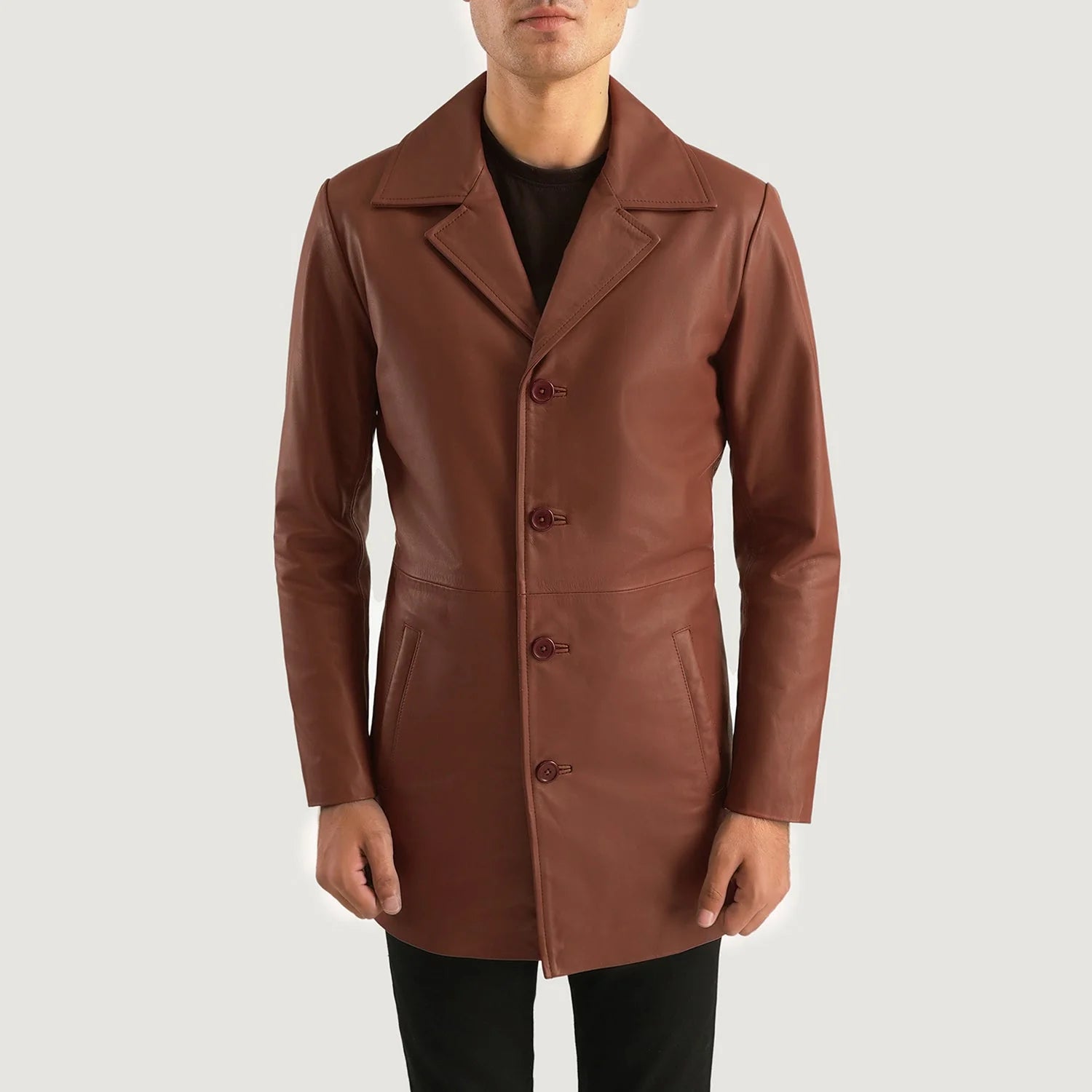 Classmith Brown Leather Coat by Lush Gear with button closure and notch lapel collar