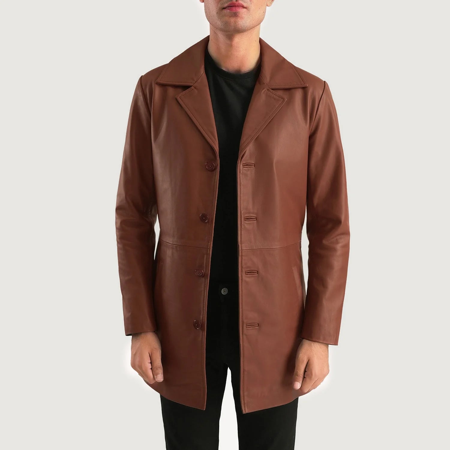 Lush Gear Classmith Brown Leather Coat with button closure and classic collar on male model