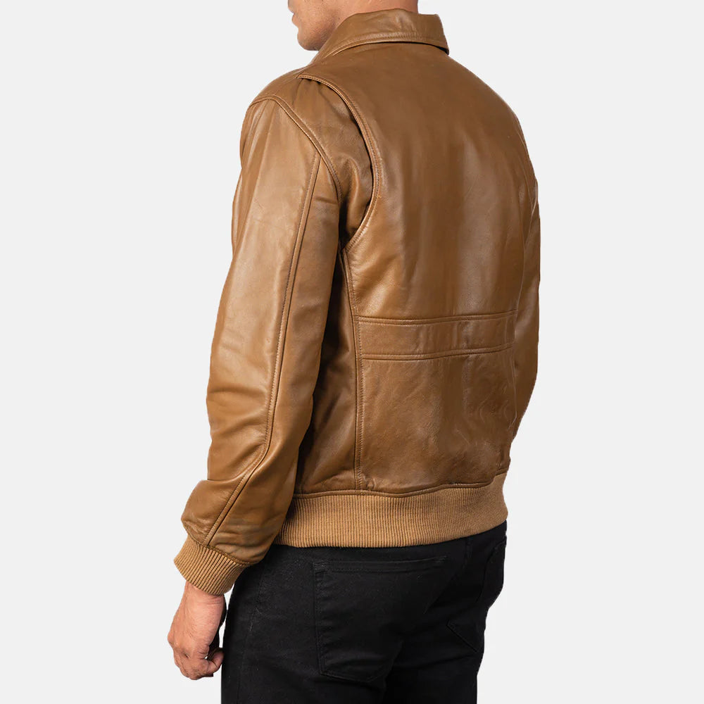 Back view of man wearing Coffmen leather pilot jacket in brown by Lush Coffmen with ribbed cuffs and waistband