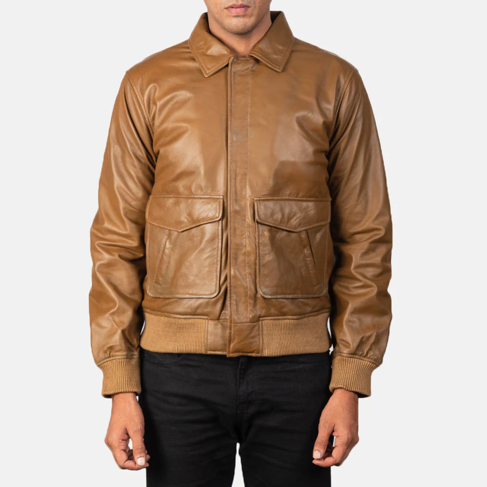 Coffmen leather pilot jacket in brown by Lush Wear with front flap pockets and ribbed cuffs