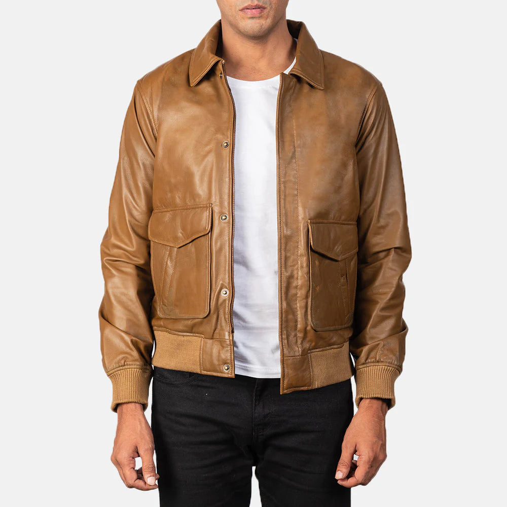 Brown Coffmen leather pilot jacket by Lush Wear with front flap pockets and ribbed cuffs