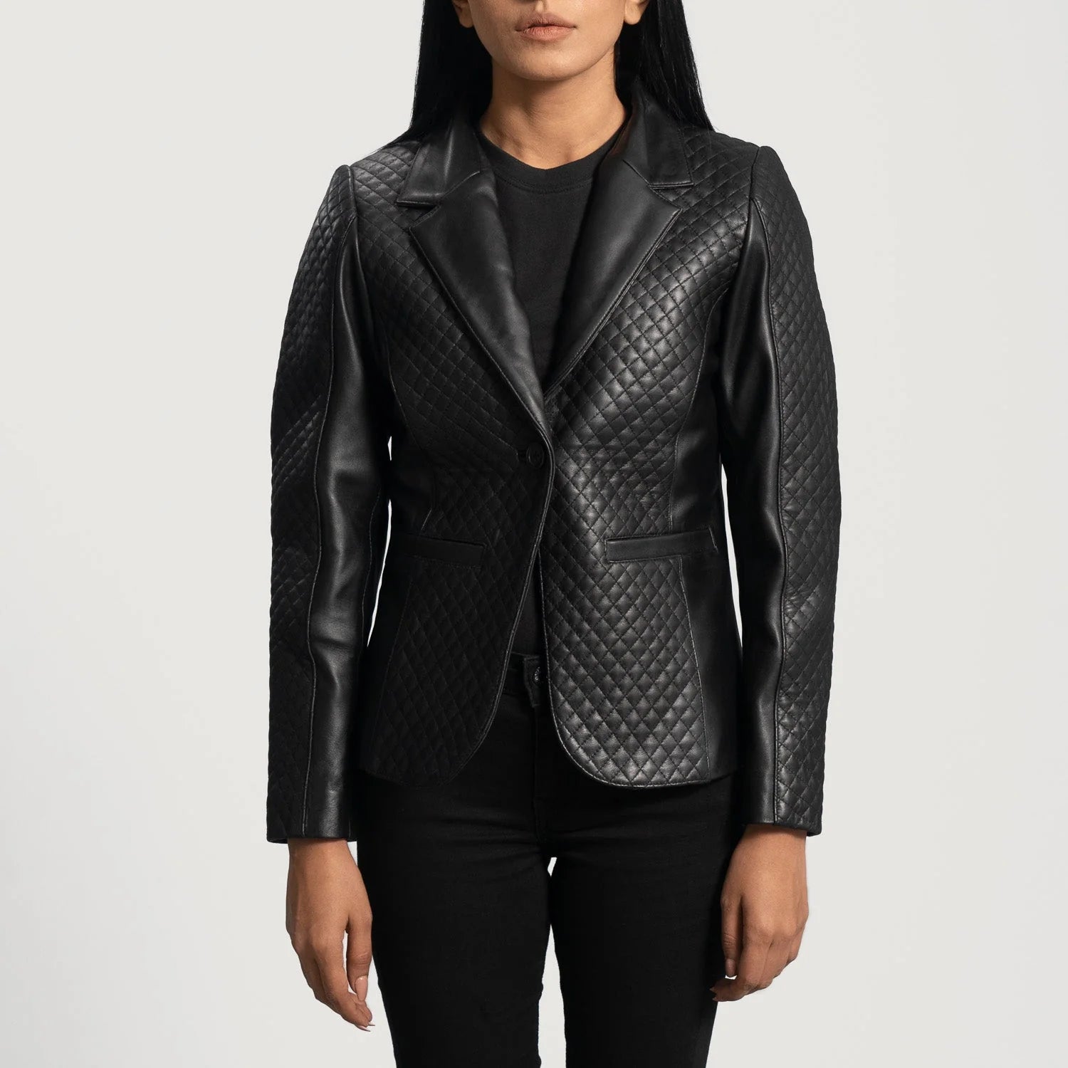 Cora Quilted Black Leather Blazer by Lush Gear with diamond pattern stitching and tailored fit