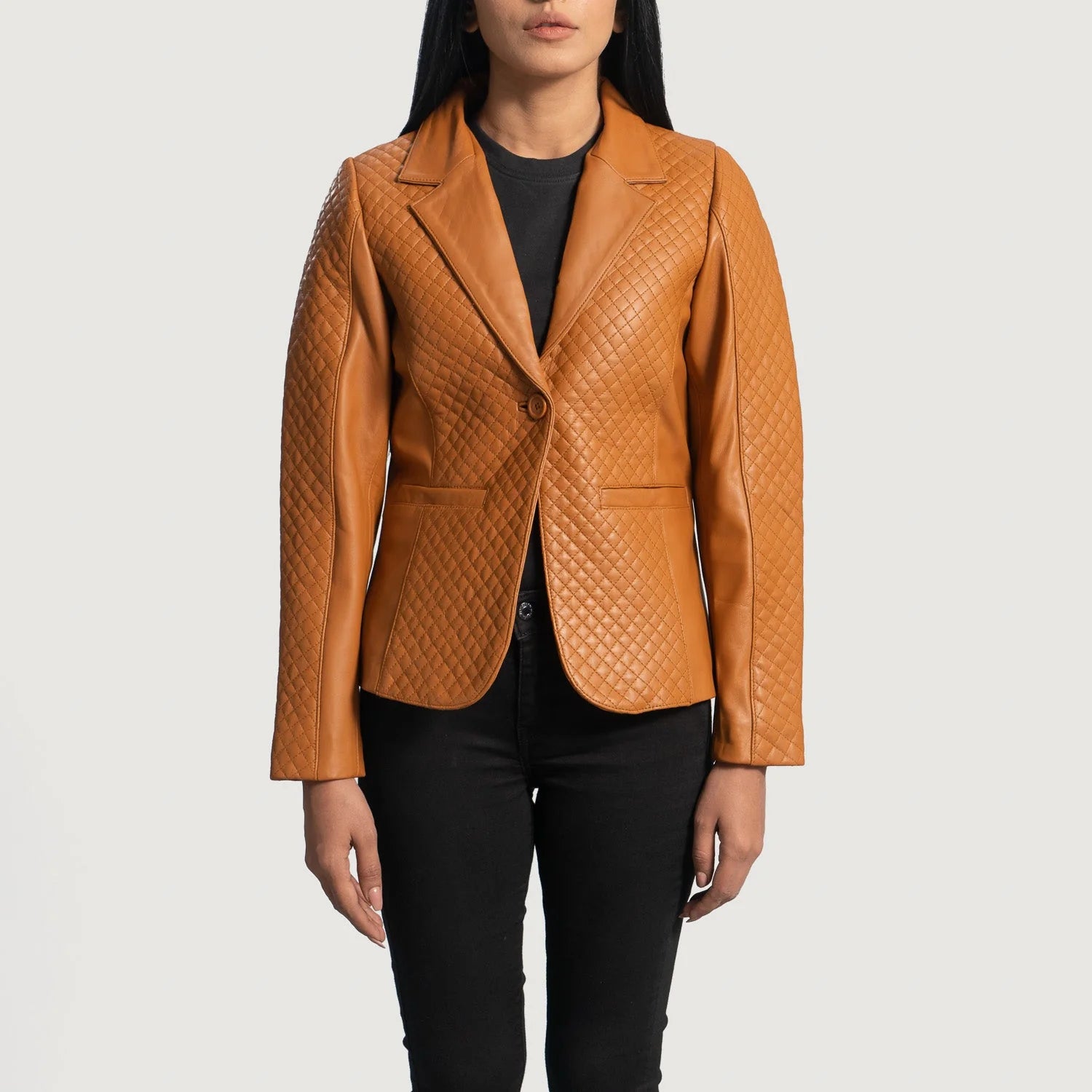 Cora Quilted Brown Leather Blazer by Lush Gear with single button and notched collar worn on black outfit