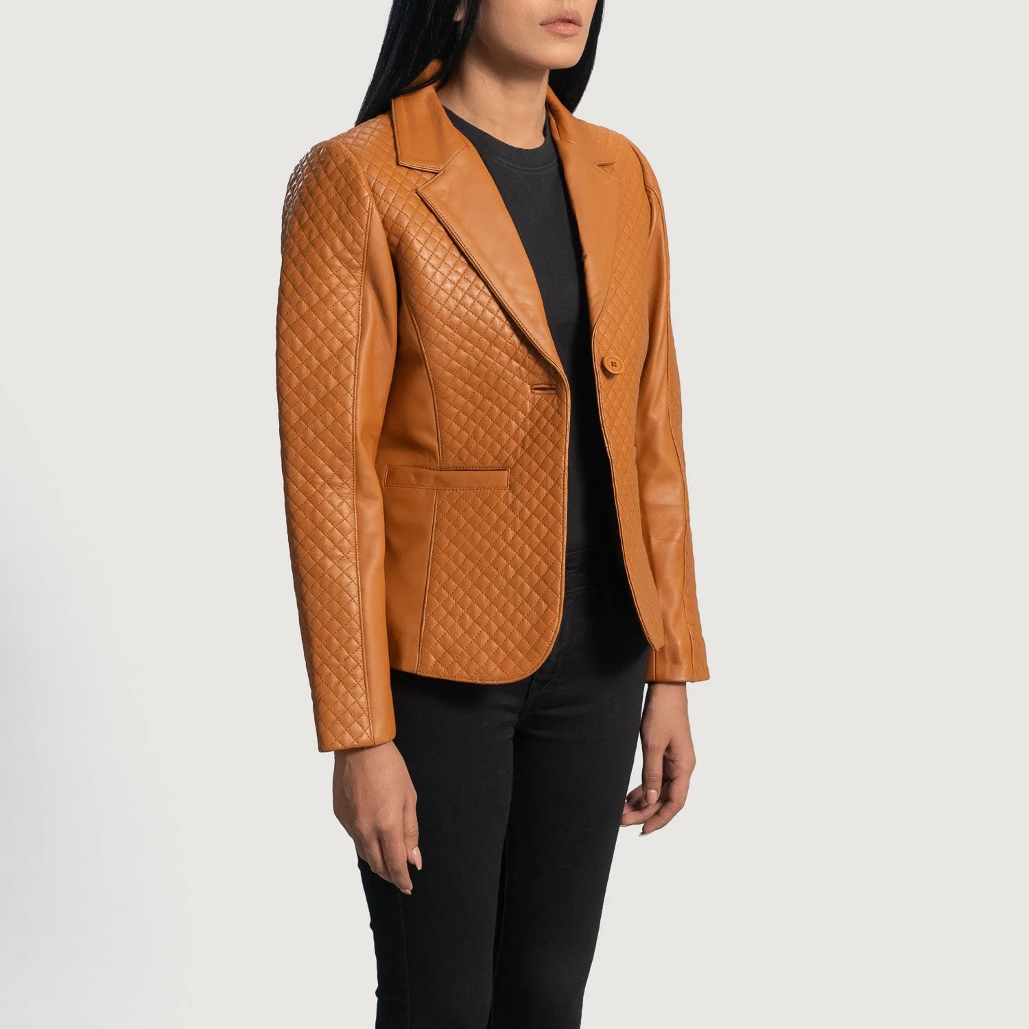 Lush Gear Cora Quilted Brown Leather Blazer with diamond pattern stitching on sleeves and front