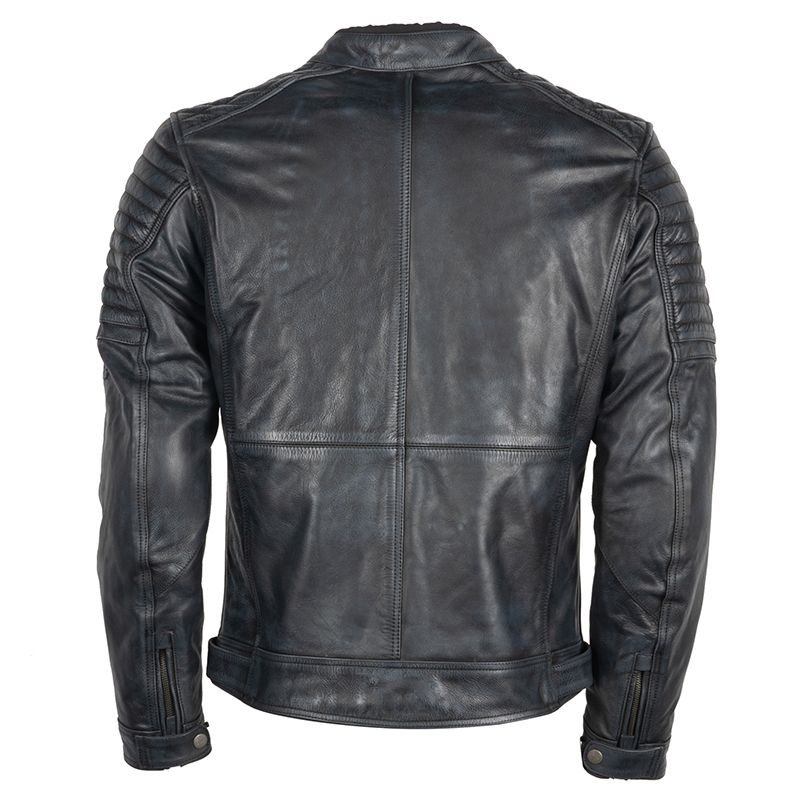 Lush Gear black quilted leather motorcycle jacket showing back view with padded sleeves