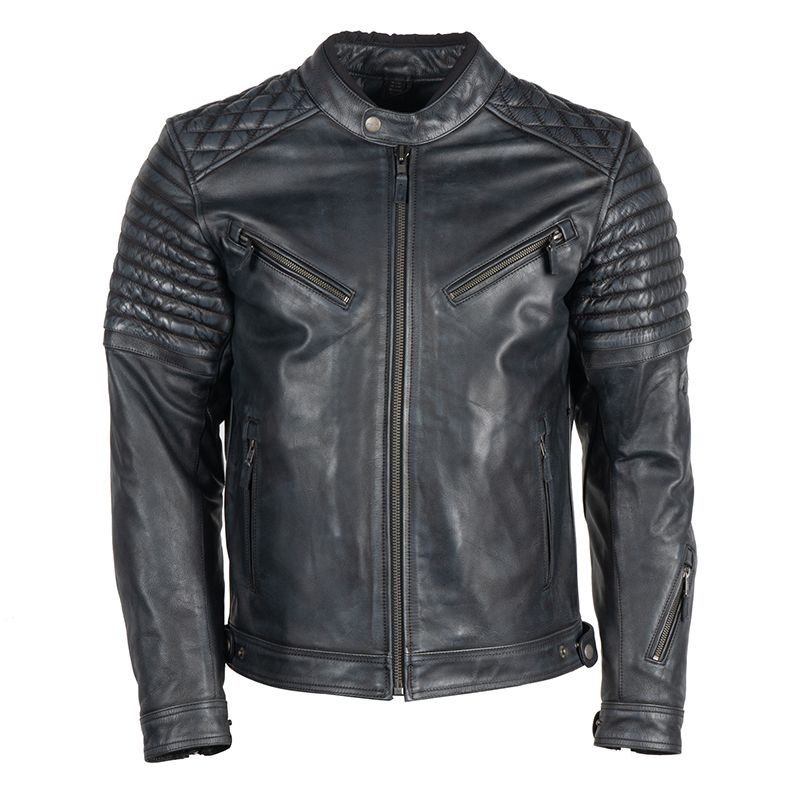 Lush Gear black quilted leather motorcycle jacket with zippered pockets and padded shoulders