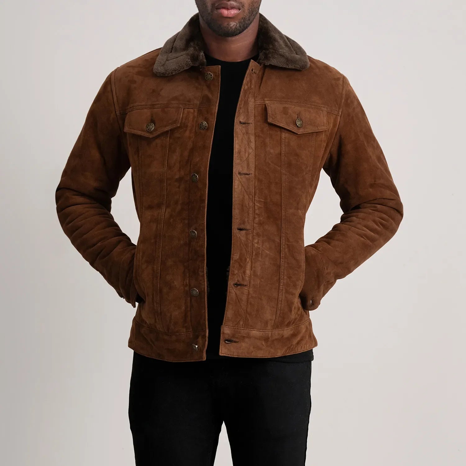 Lush Gear dallis brown trucker jacket with button front and faux fur collar on male model