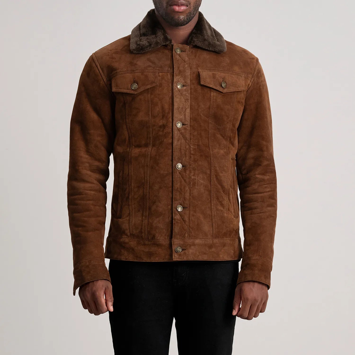 Lush Gear dallis brown trucker jacket with button closure and fur collar on a male model