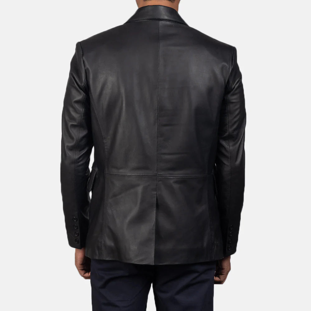 Back view of Daron Black Leather Blazer by Lush Gear worn by a man with button details on sleeves