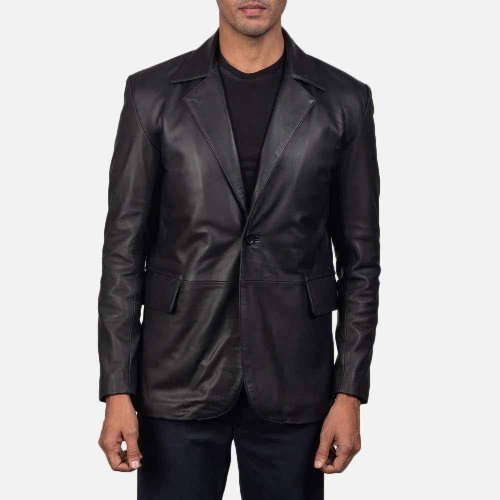Daron Black Leather Blazer by Lush Gear worn by model showcasing single-button front and notch lapel collar