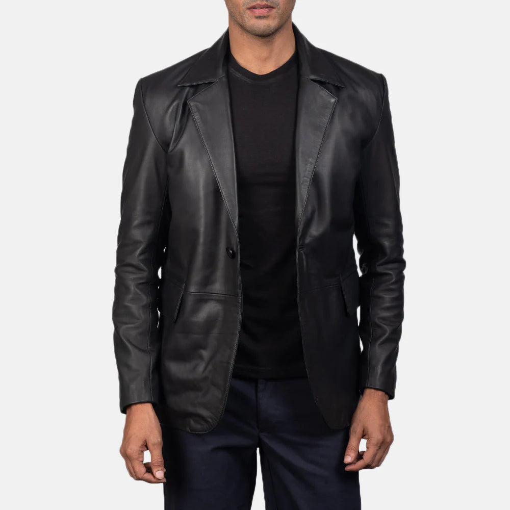 Daron Black Leather Blazer by Lush Gear worn over a black shirt with dark pants on a male model