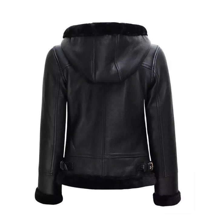 Women’s Black Shearling Leather Jacket With Hood