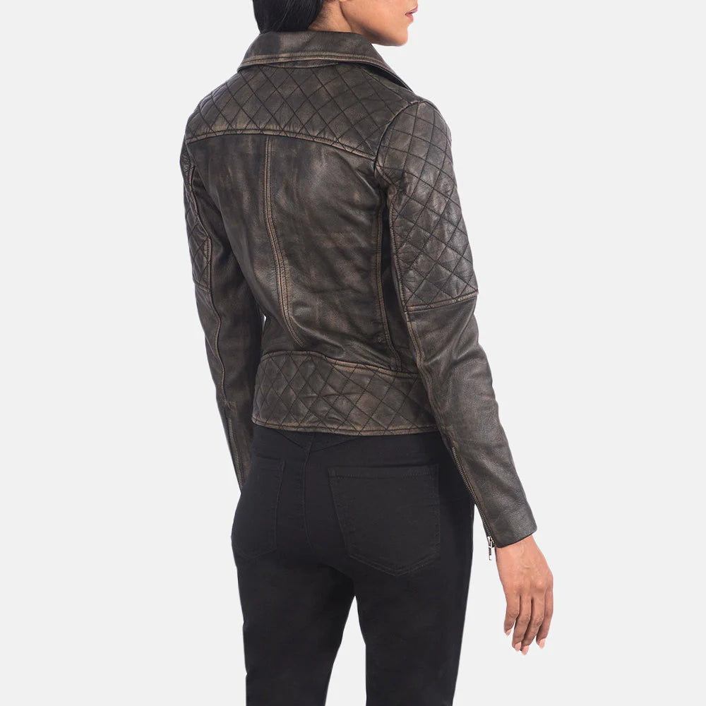 Back view of distressed brown biker jacket by Lush Gear with quilted detailing on sleeves and back