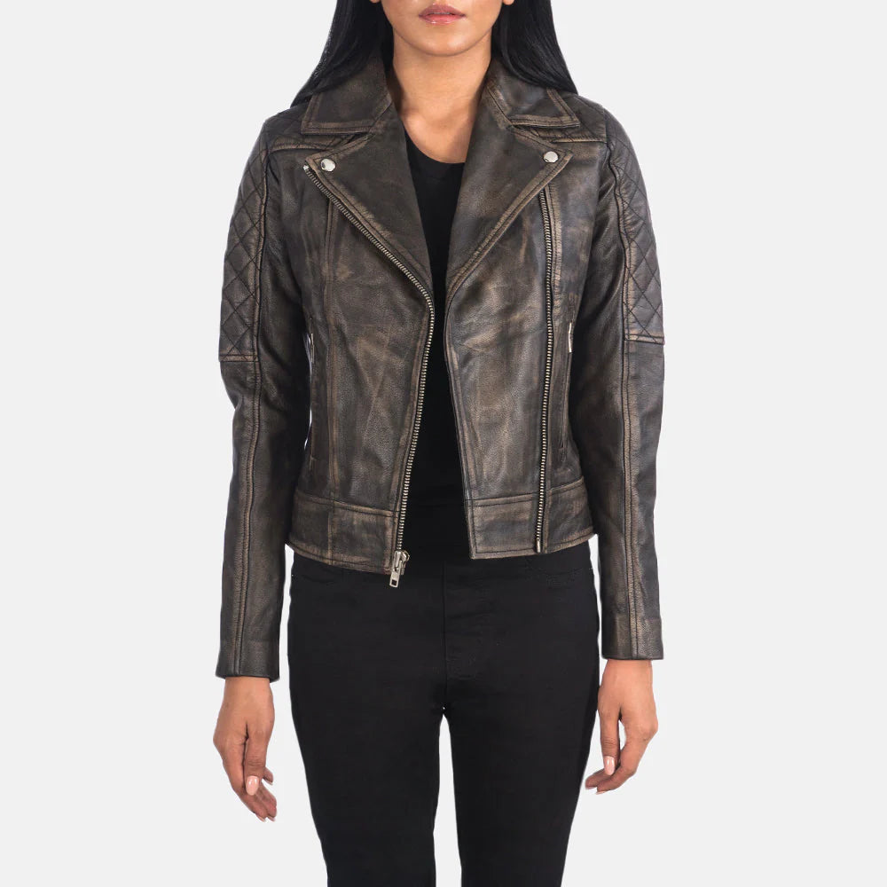 Lush Gear distressed brown biker jacket with quilted sleeves and front zipper closure