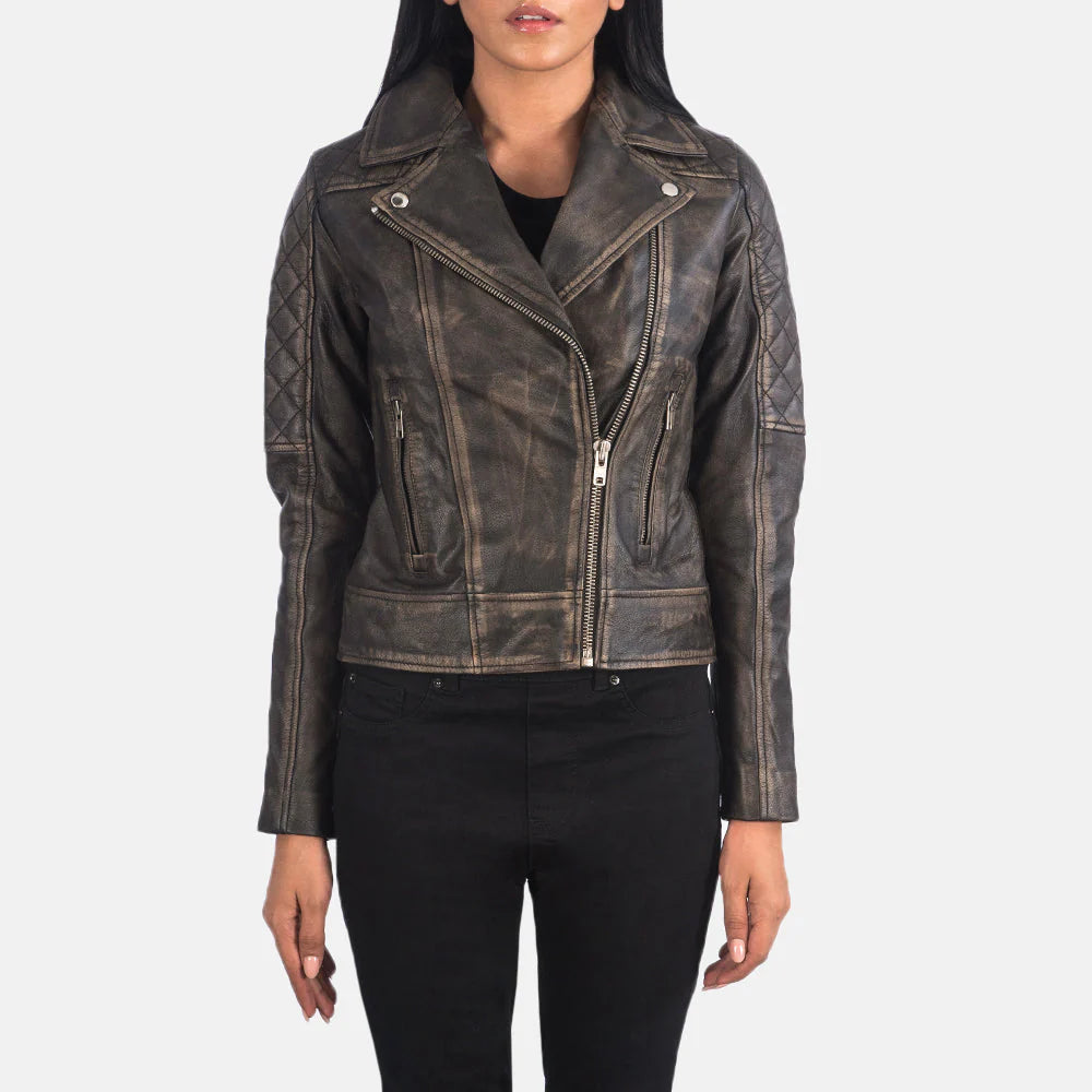 Lush Gear distressed brown biker jacket with quilted sleeves and zipper pockets for women