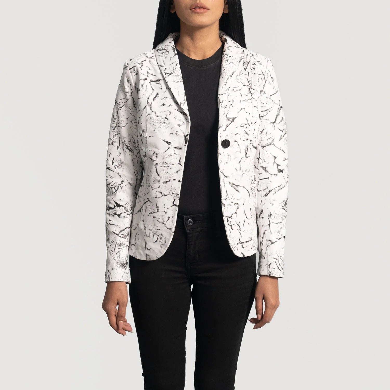 Donna Blake White Leather Blazer by Lush Gear featuring black abstract print and single button closure