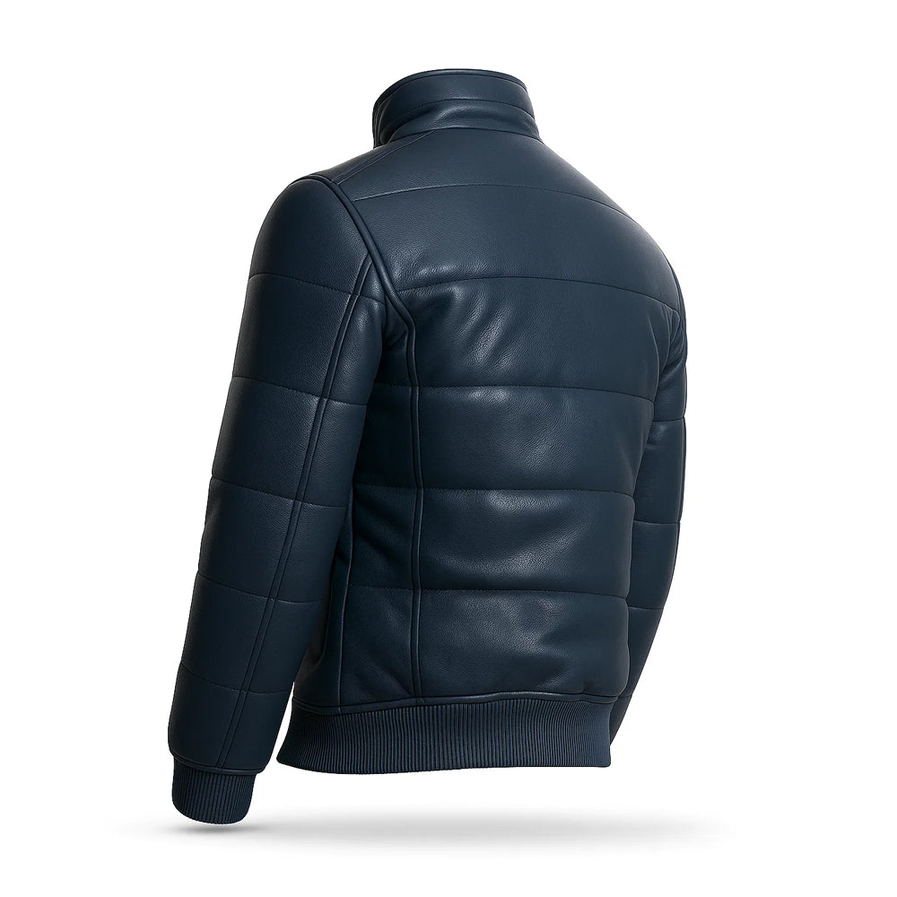 Maven Bomber Puffer Leather Jacket Blue
