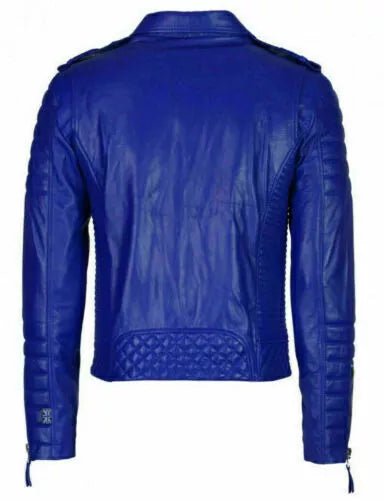 Back view of Elite Men's Quilted Biker Blue Leather Jacket by Lush Wear with quilted detailing