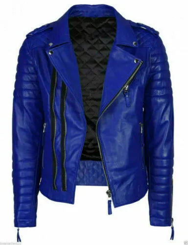 Elite Men's Quilted Biker Blue Leather Jacket by Lush Wear with zipper and quilted sleeves