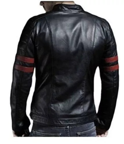 Back view of Evil Dead Black & Red Leather Jacket by Lush Gear with red stripes on black sleeves