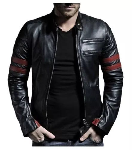 Lush Gear Evil Dead Black & Red Leather Jacket with zippered pockets and red stripes on sleeves