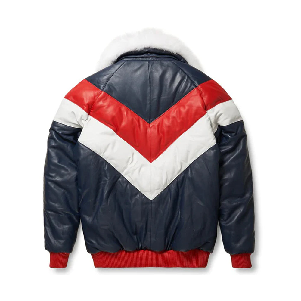 Men's Leather V-Bomber Jacket Red-Blue