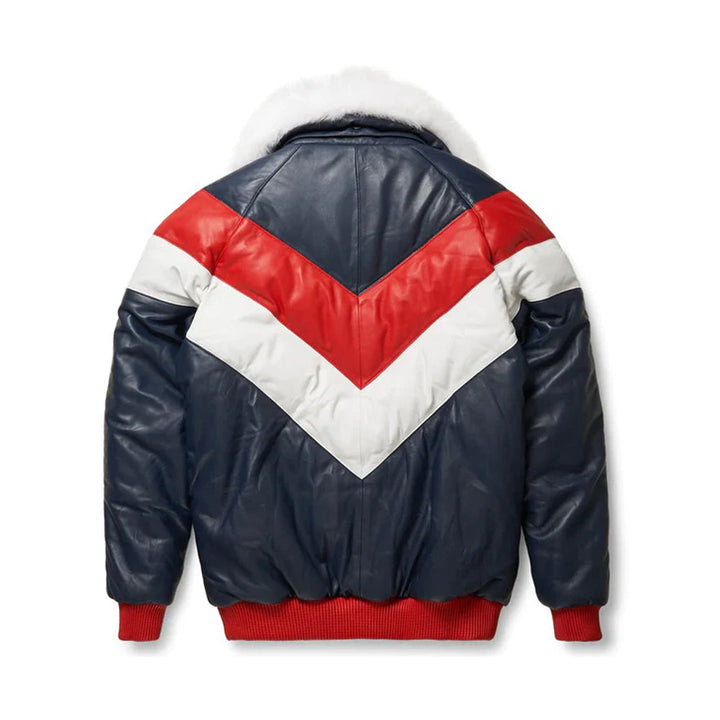 Men's Leather V-Bomber Jacket Red-Blue