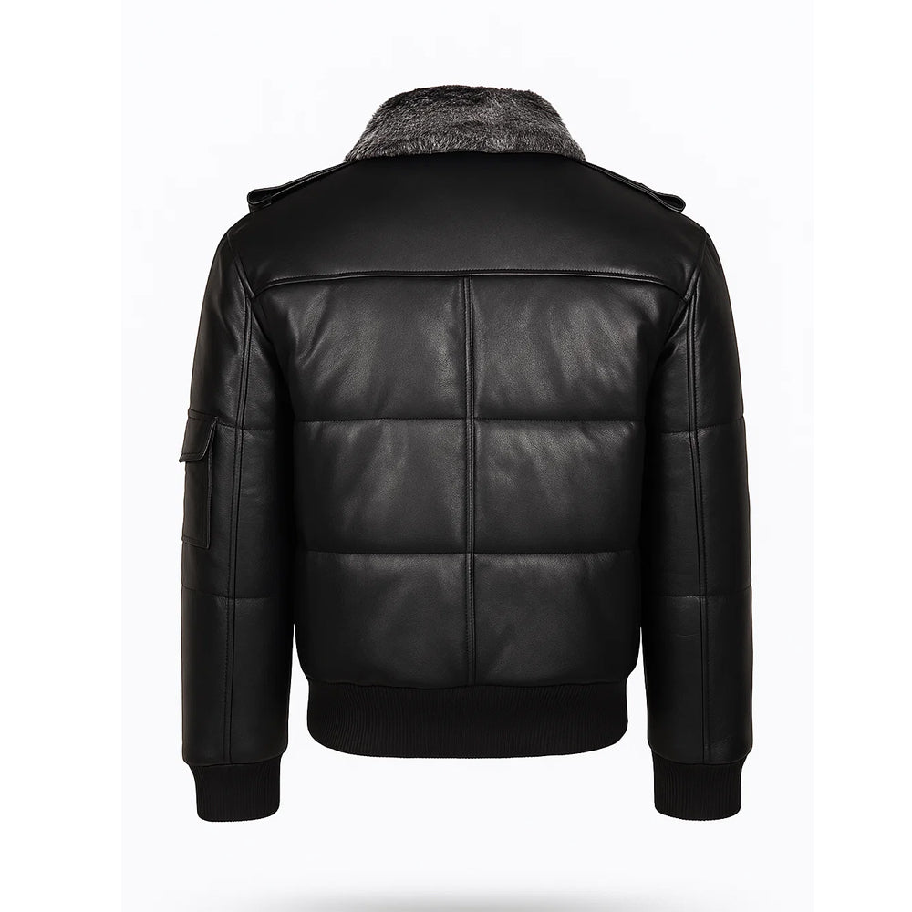 Padded Bomber Leather Puffer Jacket