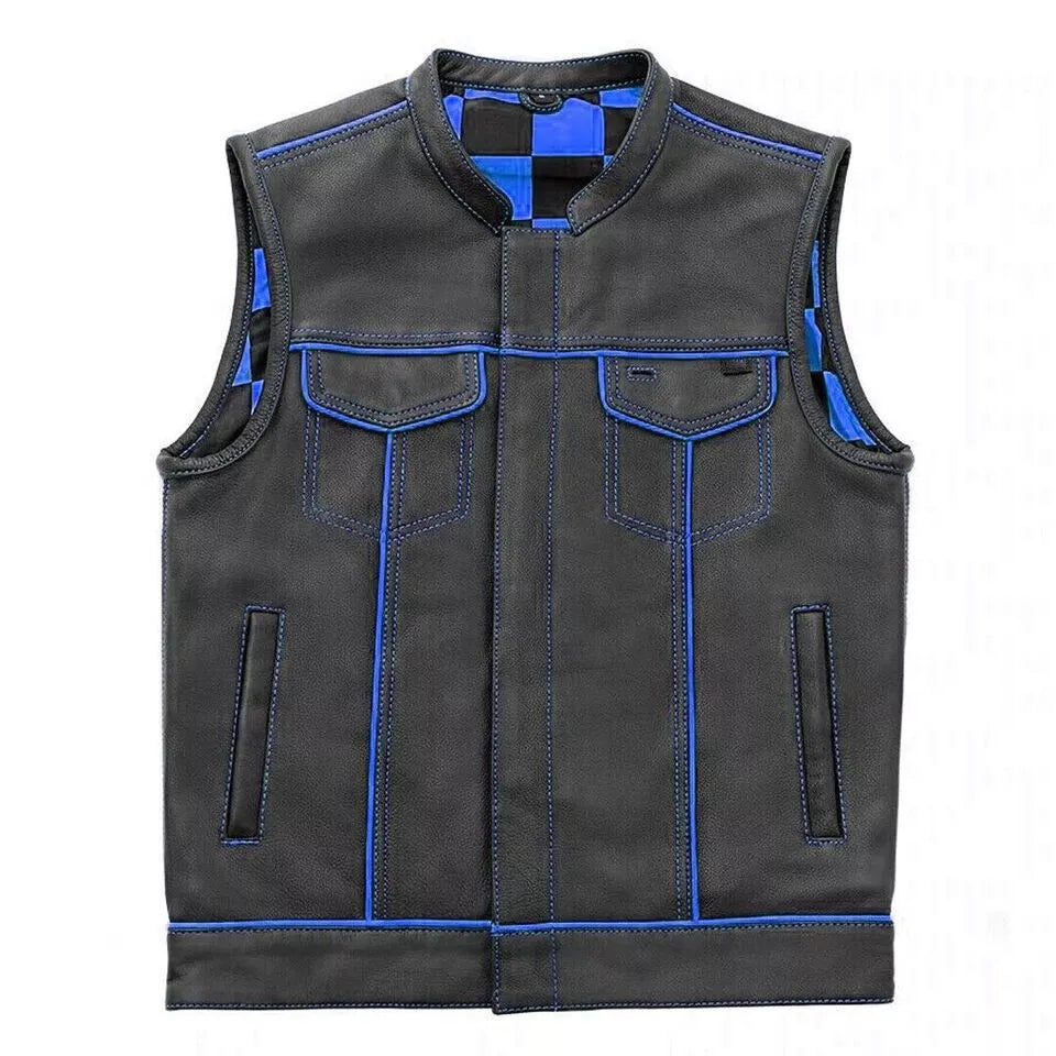 First Mfg Co - The Club Cut - Men's Motorcycle Biker Riding Leather Vest in black with blue stitching