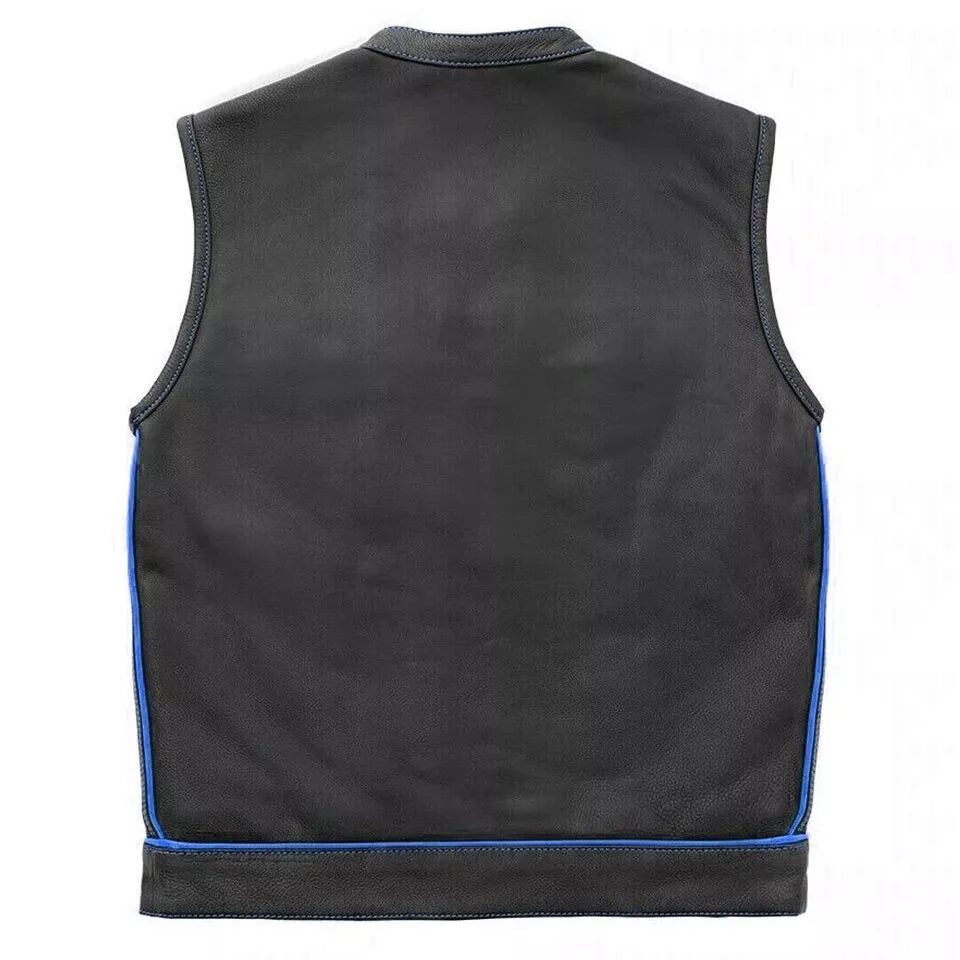 Back view of First Mfg Co - The Club Cut - Men's Motorcycle Biker Riding Leather Vest in black with blue piping