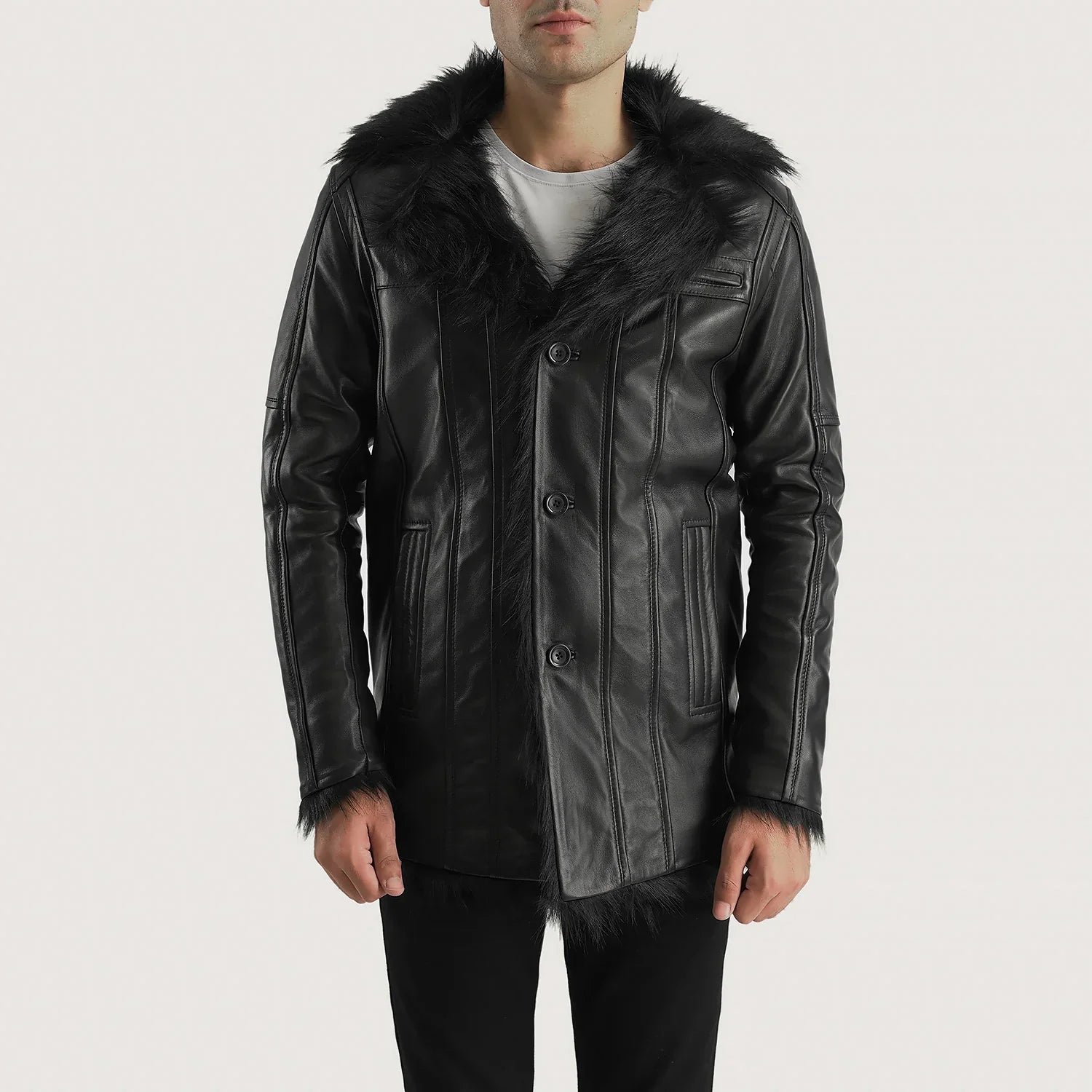 Furcliff Black Leather Coat by Lush Gear with fur collar and button closure on male model