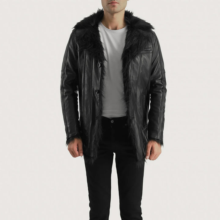 Man wearing Furcliff Black Leather Coat with fur collar and cuffs over white shirt and black pants