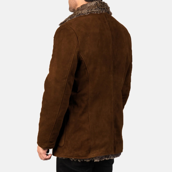 Back view of furlong brown suede coat for men by Lush Gear with fur collar and warm lining