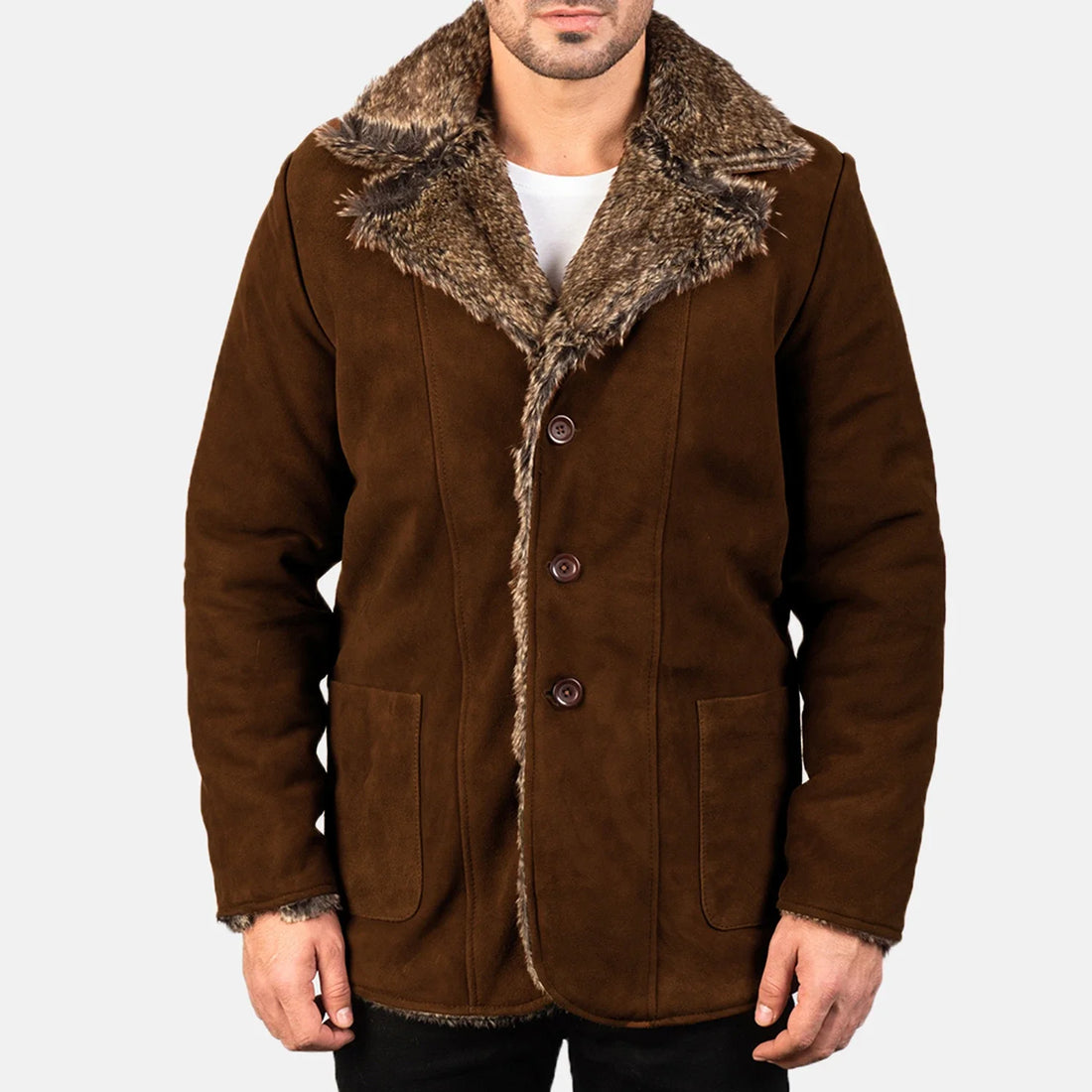 Lush Gear furlong brown suede coat for men with faux fur collar and button closure