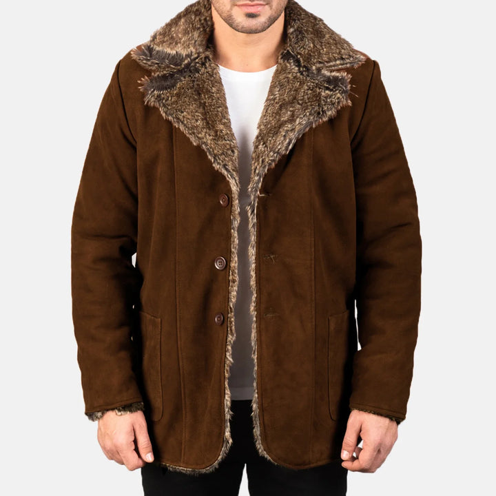Lush Gear furlong brown suede coat for men with fur collar and button closure
