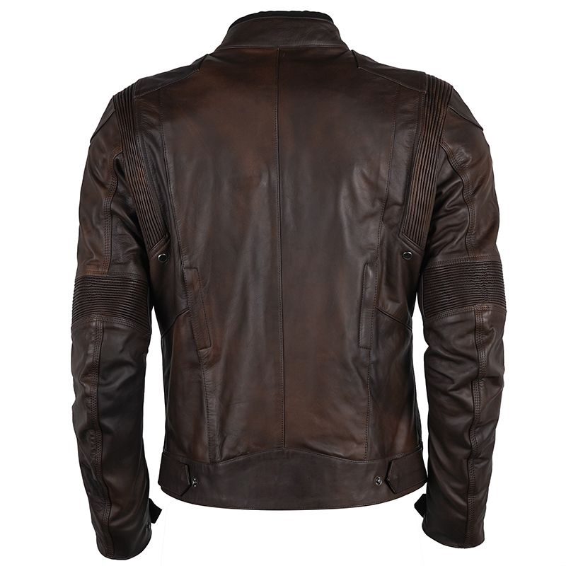 Back view of brown protective riding leather jacket by Lush Gear with padded elbows and shoulders