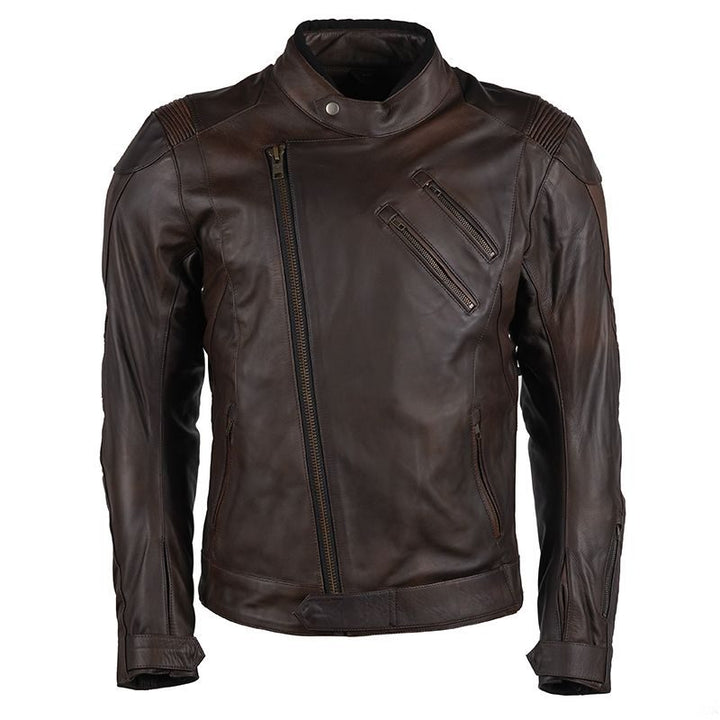 Lush Gear brown protective riding leather jacket with asymmetrical zipper and zippered pockets