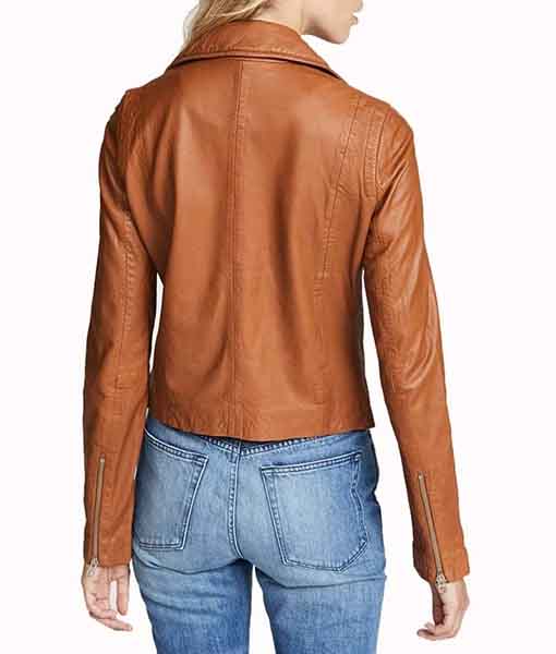 Back view of a brown genuine leather jacket for women by Lush Gear paired with blue jeans