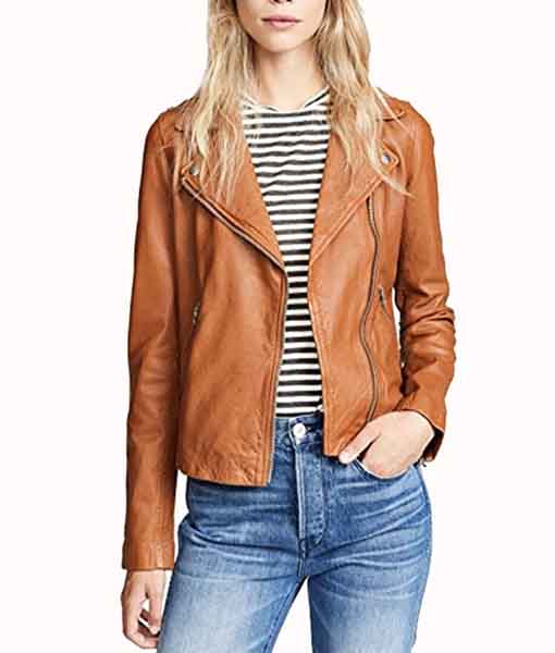 Lush Gear genuine leather jacket for women in brown with zipper details worn with striped shirt and blue jeans