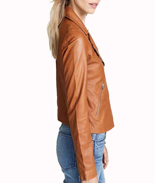 Lush Gear genuine leather jacket for women in brown with zippered pockets and slim fit design