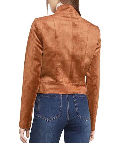Back view of genuine leather jacket ladies brown by Lush Gear paired with blue denim jeans