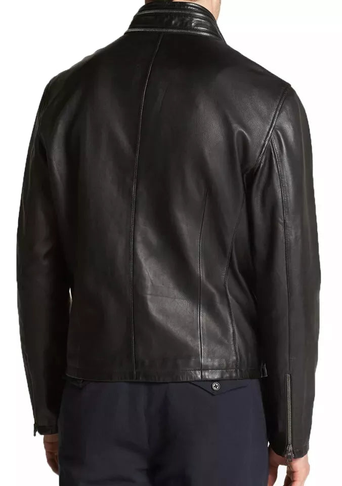 Back view of genuine leather moto jacket men's black style from Lush Gear with sleek stitching details