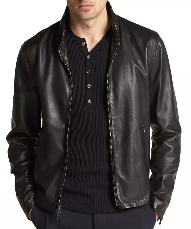Lush Gear genuine leather moto jacket men's black zip front with stand collar and side pockets