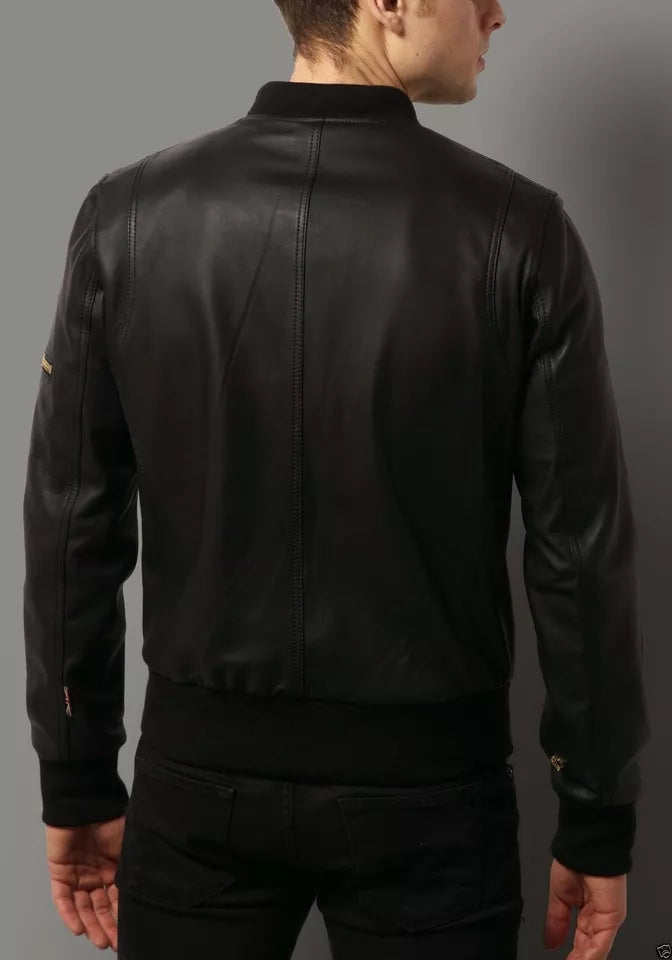 Back view of genuine leather motorcycle jacket for men in black by Lush Gear