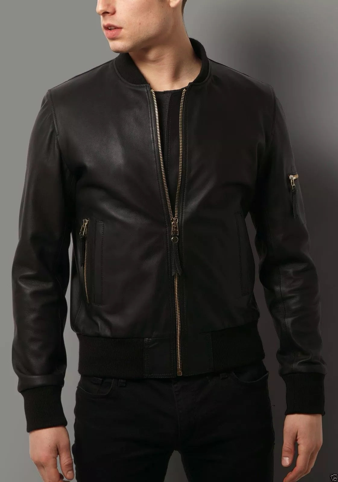 Lush Gear genuine leather motorcycle jacket for men in black with front zipper and ribbed cuffs